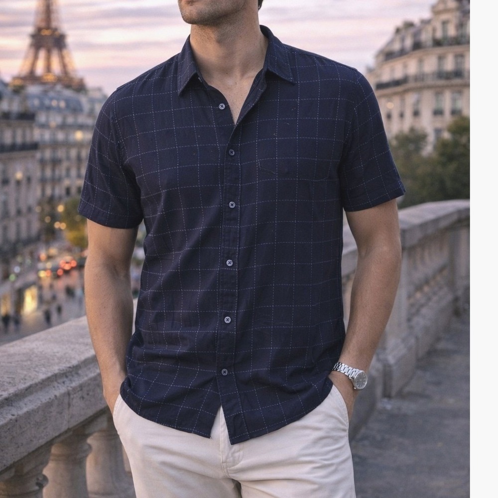 Scotch & Soda Men's Blue Grid Stitch Pattern Button Up Shortsleeve Shirt Size XL